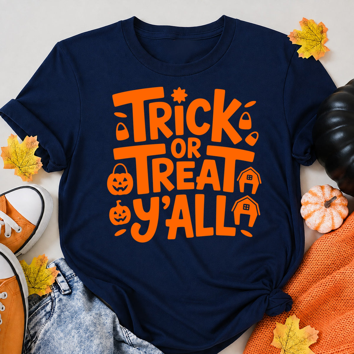 Trick Or Treat Yall Halloween Shirt in Navy – alternate view
