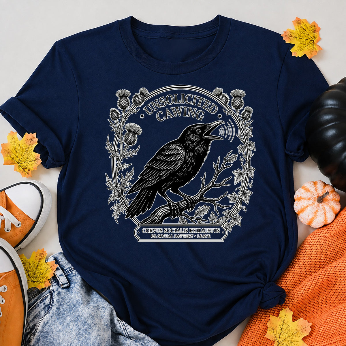 Unsolicited Cawing Funny Introvert Crow Halloween Shirt in Navy – alternate view