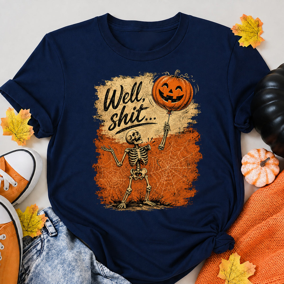 Well Shit Halloween Skeleton Funny Halloween Shirt in Navy – alternate view
