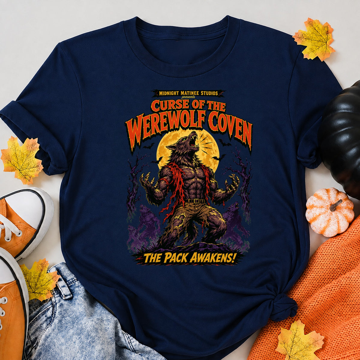 Werewolf Horror Retro Pulp Monster Halloween Shirt in Navy – alternate view