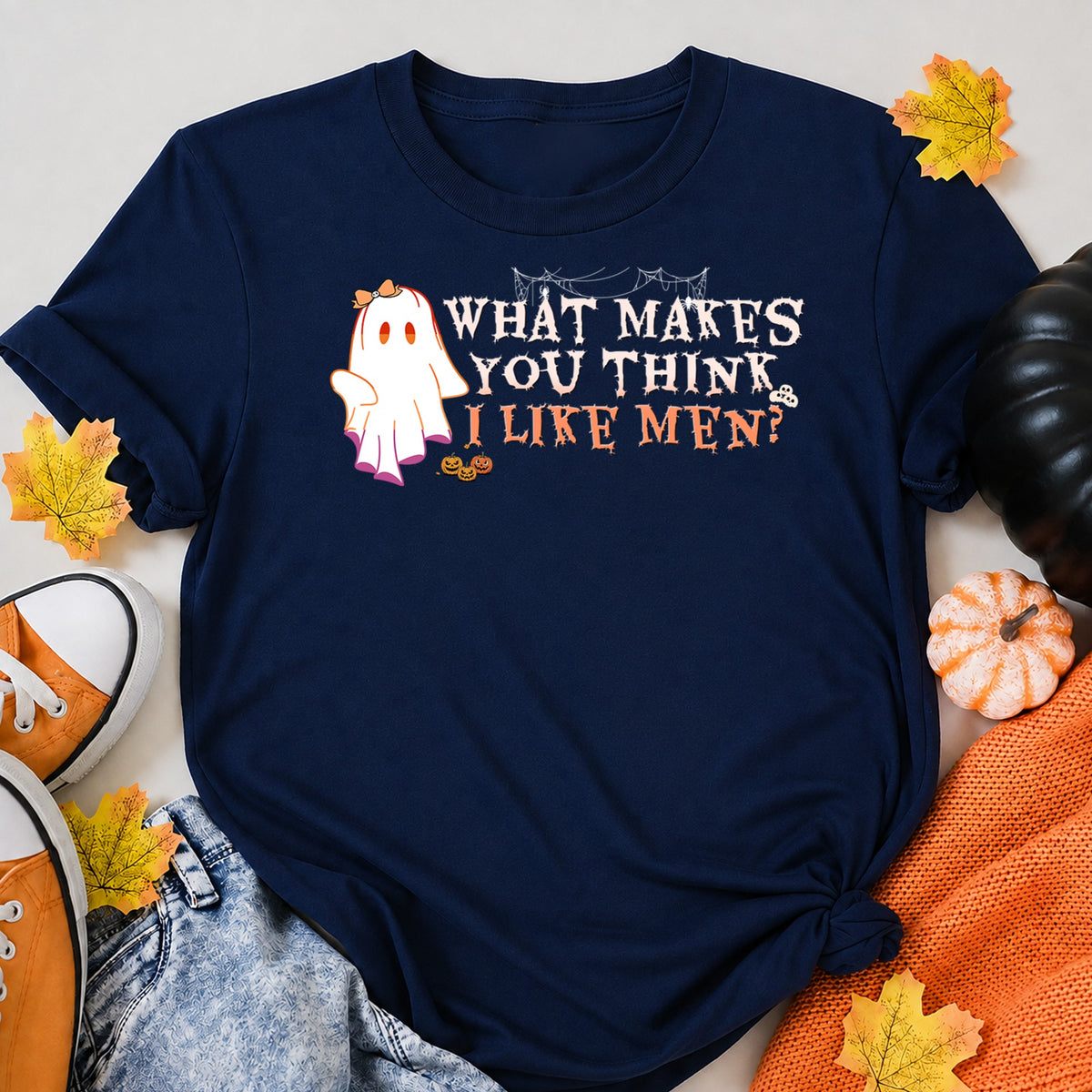 What Makes You Think I Like Men Halloween Shirt in Navy – alternate view