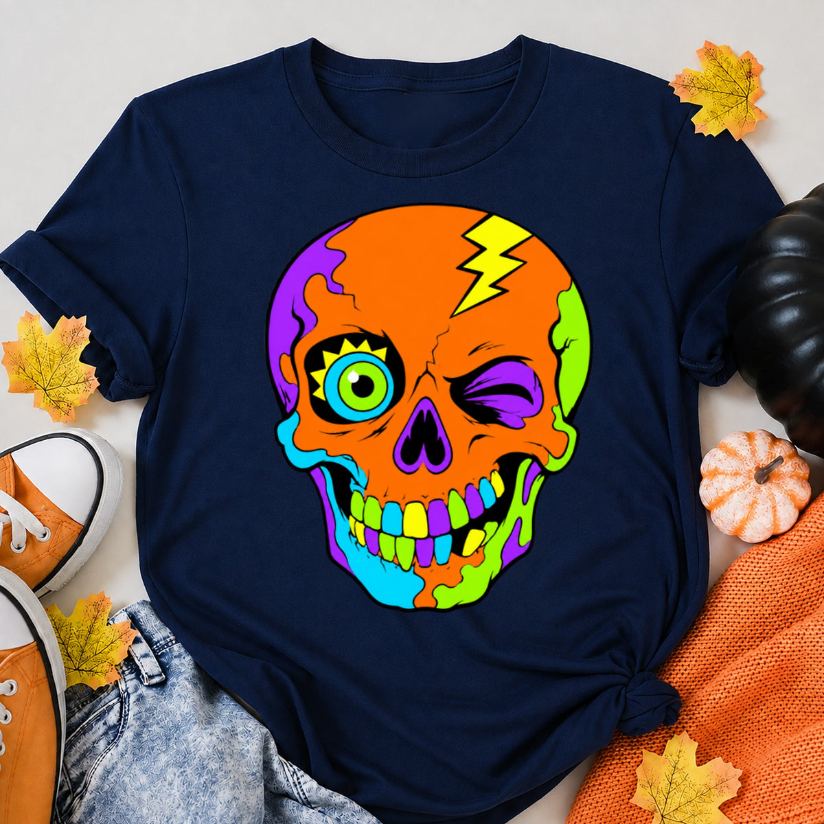 Wink From The Void Neon Psychedelic Skull Halloween Shirt in Navy – alternate view