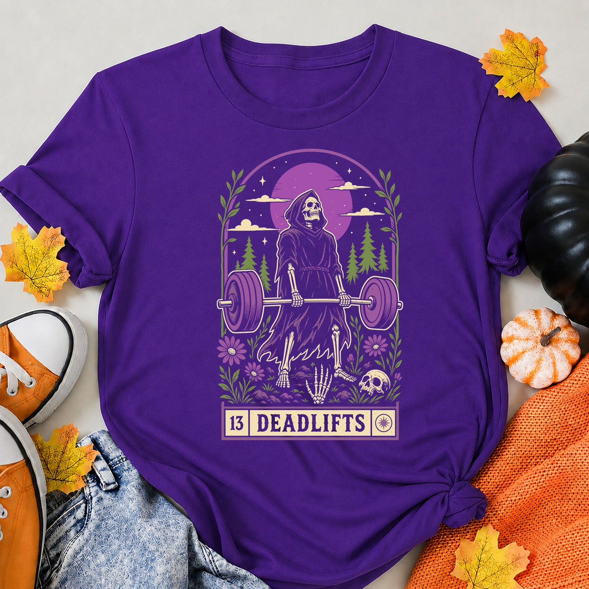 13 Deadlifts Halloween Weightlifter Gym Workout Powerlifting Halloween Shirt in Blue – alternate view