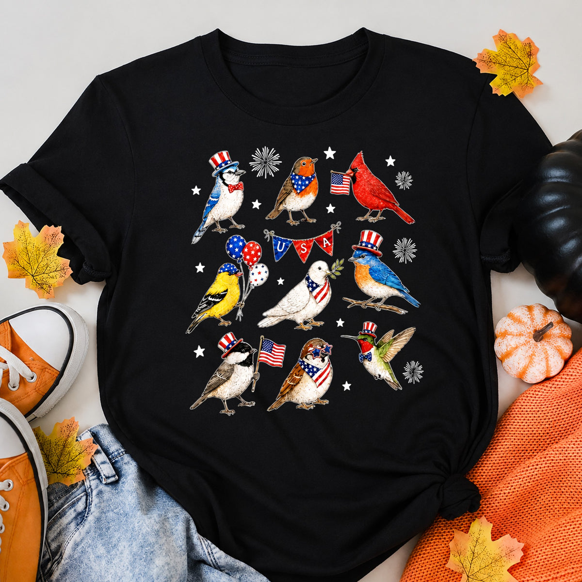 KAVENRO Patriotic Birds graphic T-shirt in black shirt