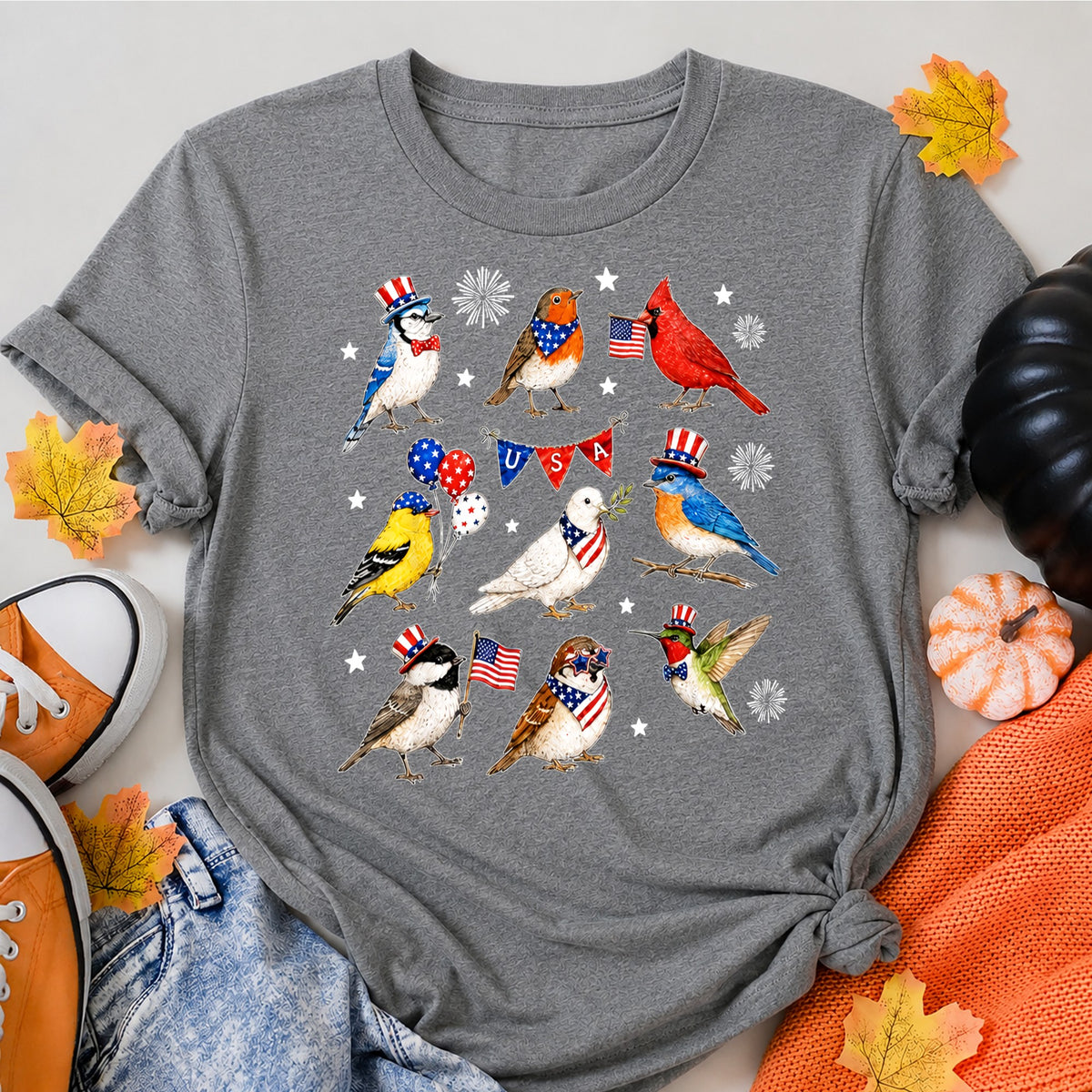 KAVENRO Patriotic Birds graphic T-shirt in grey shirt