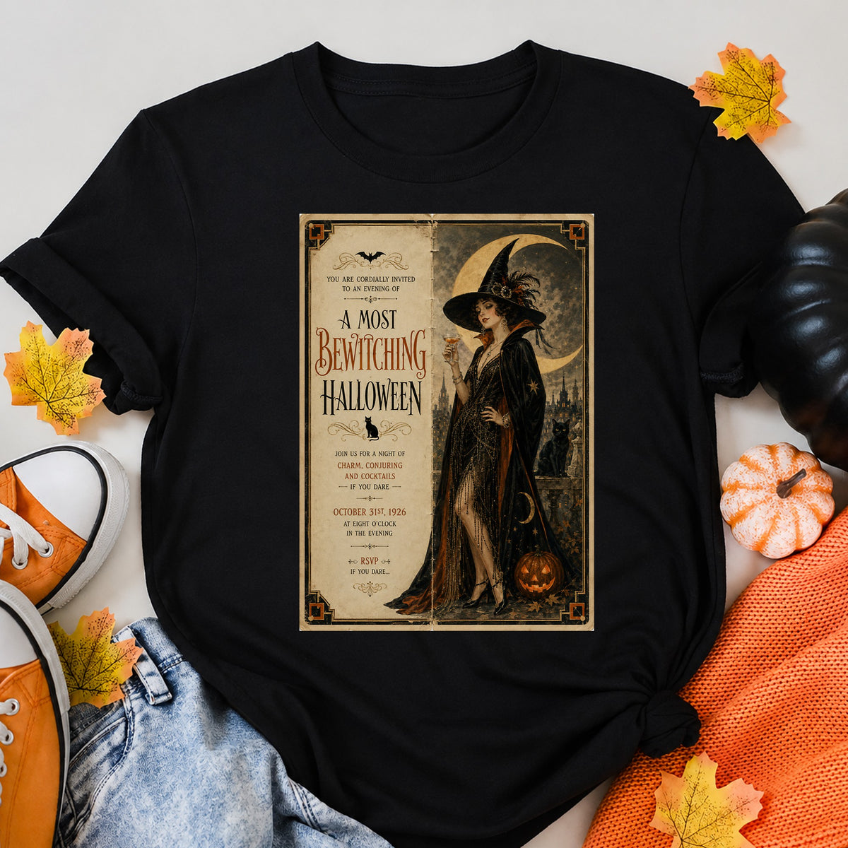 A Most Bewitching Halloween 1920S Halloween Card Halloween Shirt in Black – alternate view