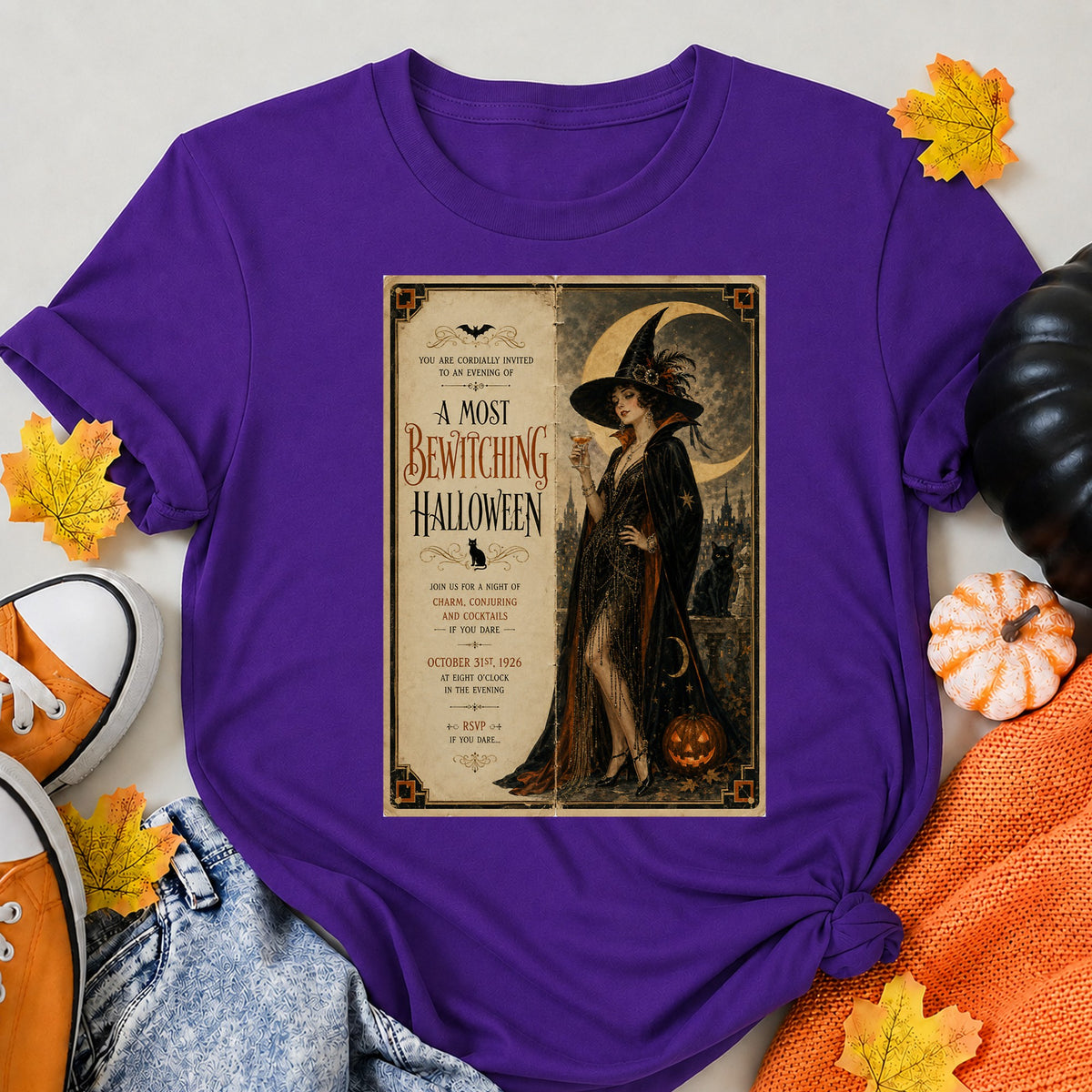 A Most Bewitching Halloween 1920S Halloween Card Halloween Shirt in Blue – alternate view