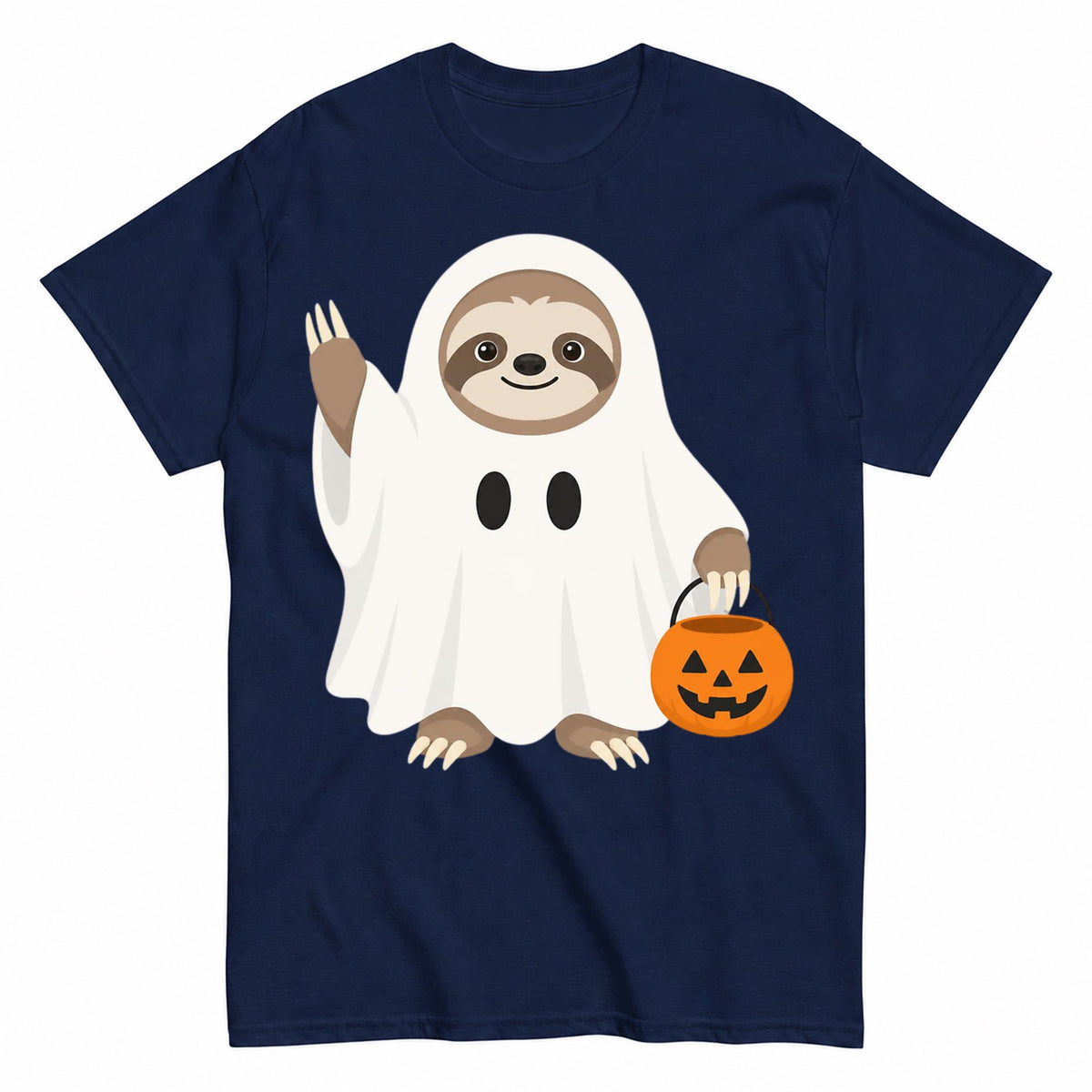 Adorable Baby Sloth Cartoon Halloween Shirt in Navy – product view