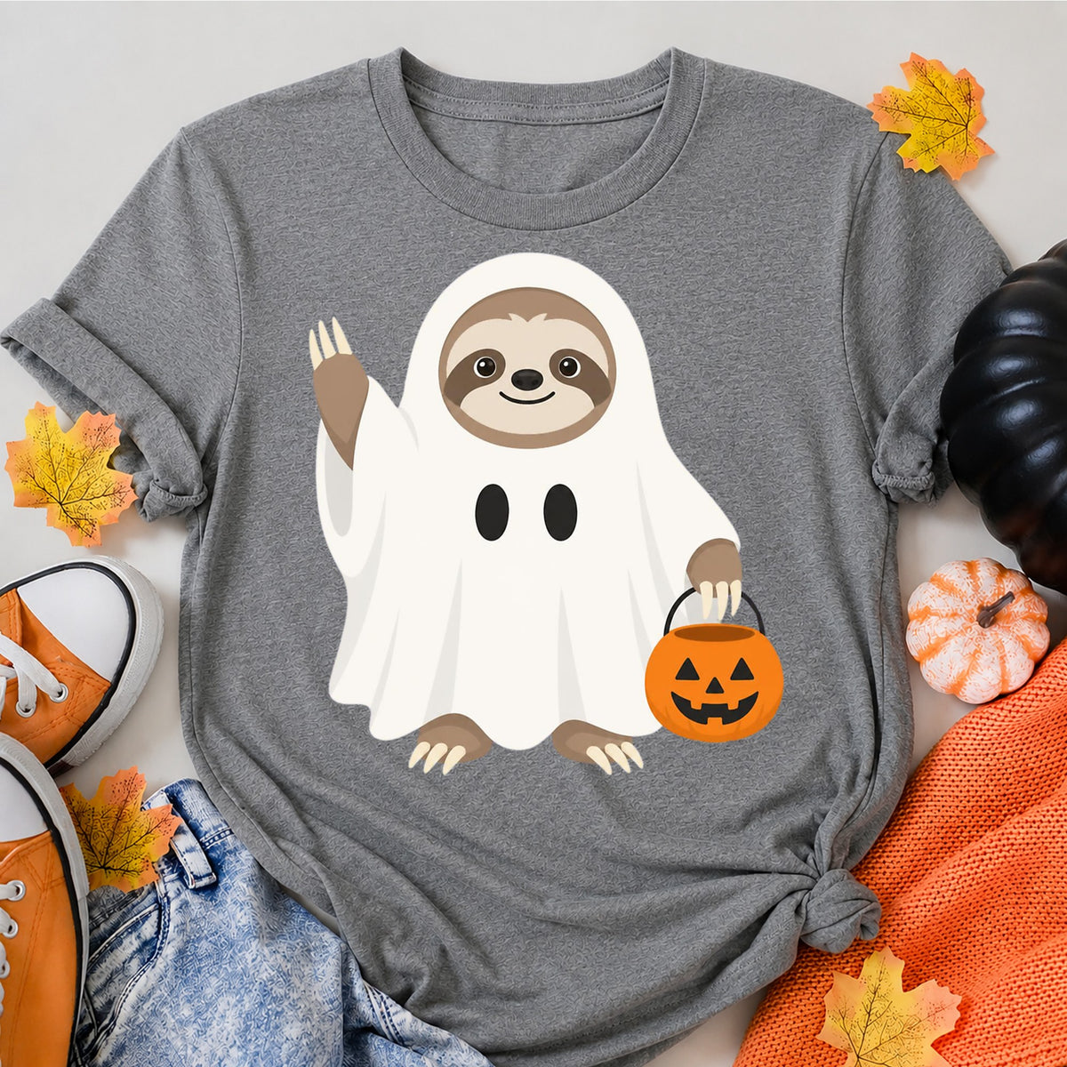 Adorable Baby Sloth Cartoon Halloween Shirt in Grey – alternate view