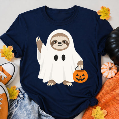 Adorable Baby Sloth Cartoon Halloween Shirt in Navy – alternate view