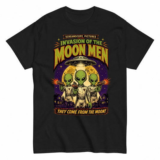 Alien Invasion Retro Sci-Fi Horror Halloween Shirt in Black – product view