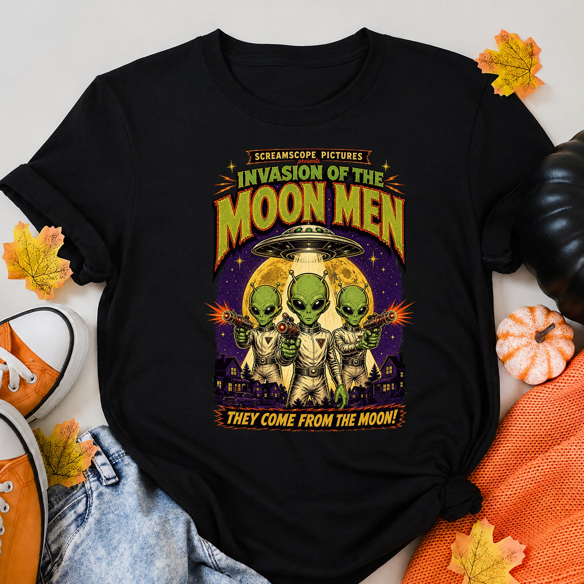Alien Invasion Retro Sci-Fi Horror Halloween Shirt in Black – alternate view