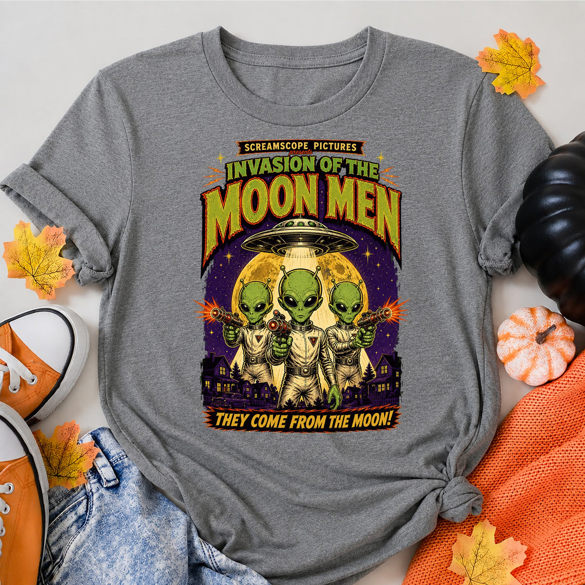 Alien Invasion Retro Sci-Fi Horror Halloween Shirt in Grey – alternate view
