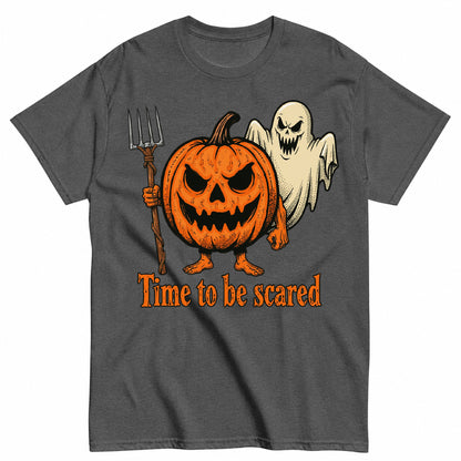 Angry Pumpkin And Spooky Ghost Halloween Shirt in Grey – product view