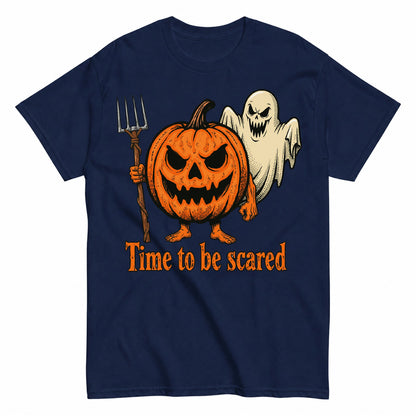 Angry Pumpkin And Spooky Ghost Halloween Shirt in Navy – product view