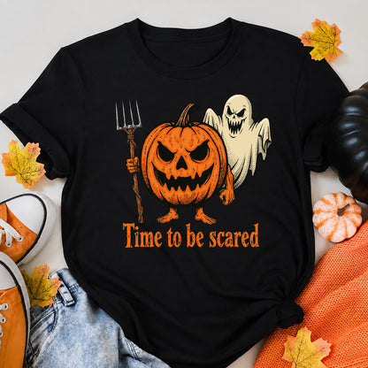 Angry Pumpkin And Spooky Ghost Halloween Shirt in Black – alternate view
