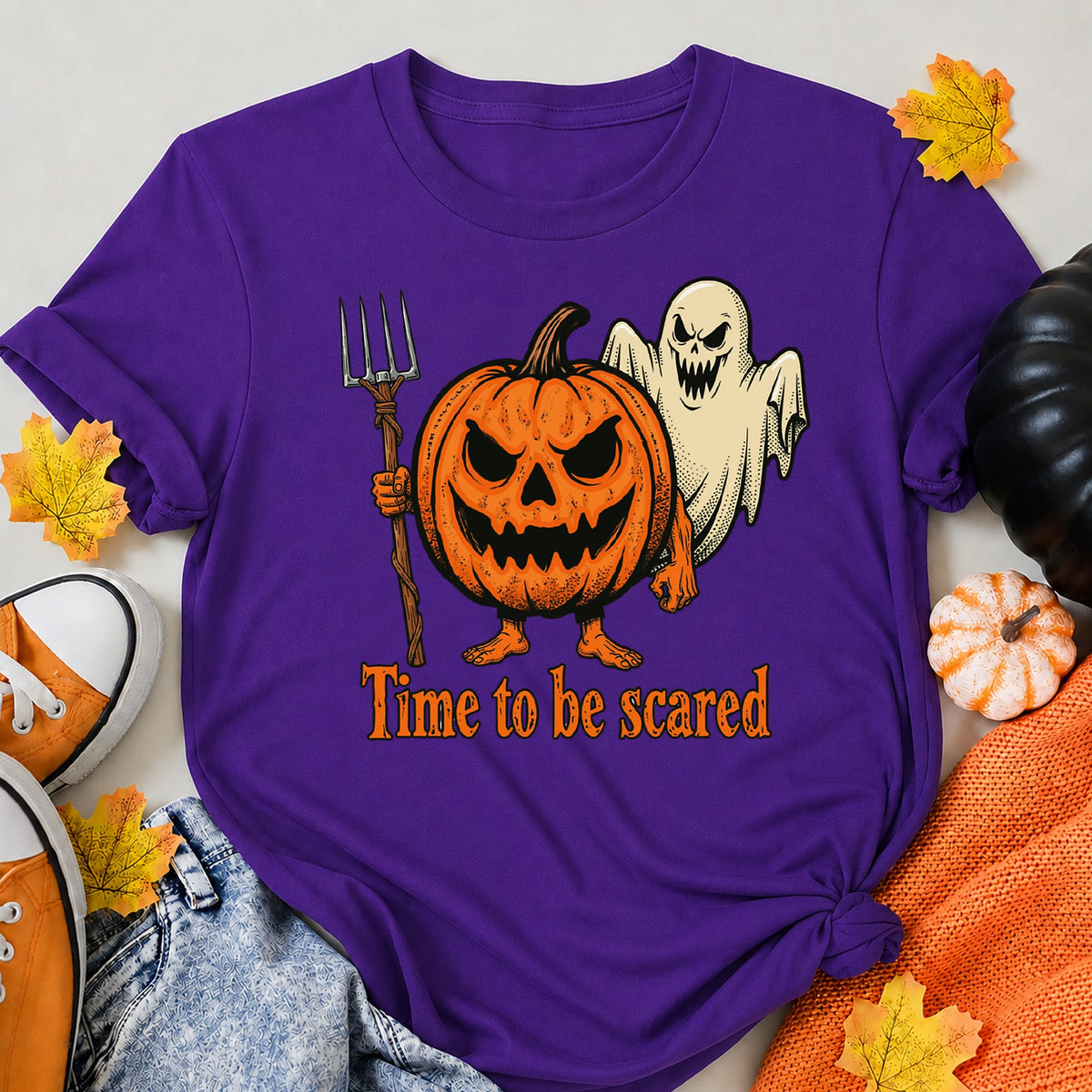 Angry Pumpkin And Spooky Ghost Halloween Shirt in Blue – alternate view
