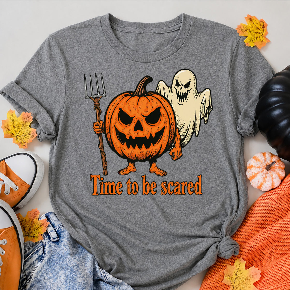 Angry Pumpkin And Spooky Ghost Halloween Shirt in Grey – alternate view