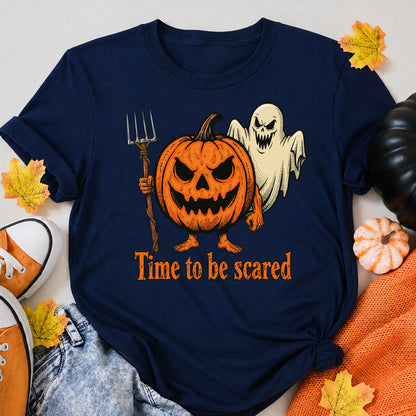 Angry Pumpkin And Spooky Ghost Halloween Shirt in Navy – alternate view