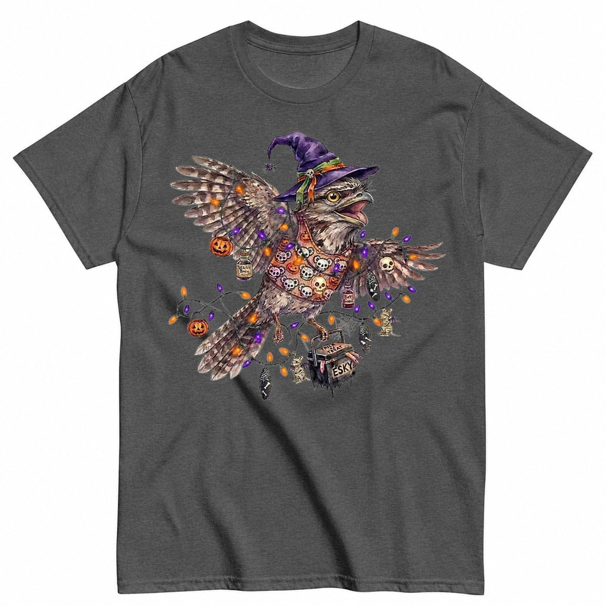 Australian Halloween Native Bird - Spooky Tawny Frogmouth Halloween Shirt in Grey – product view