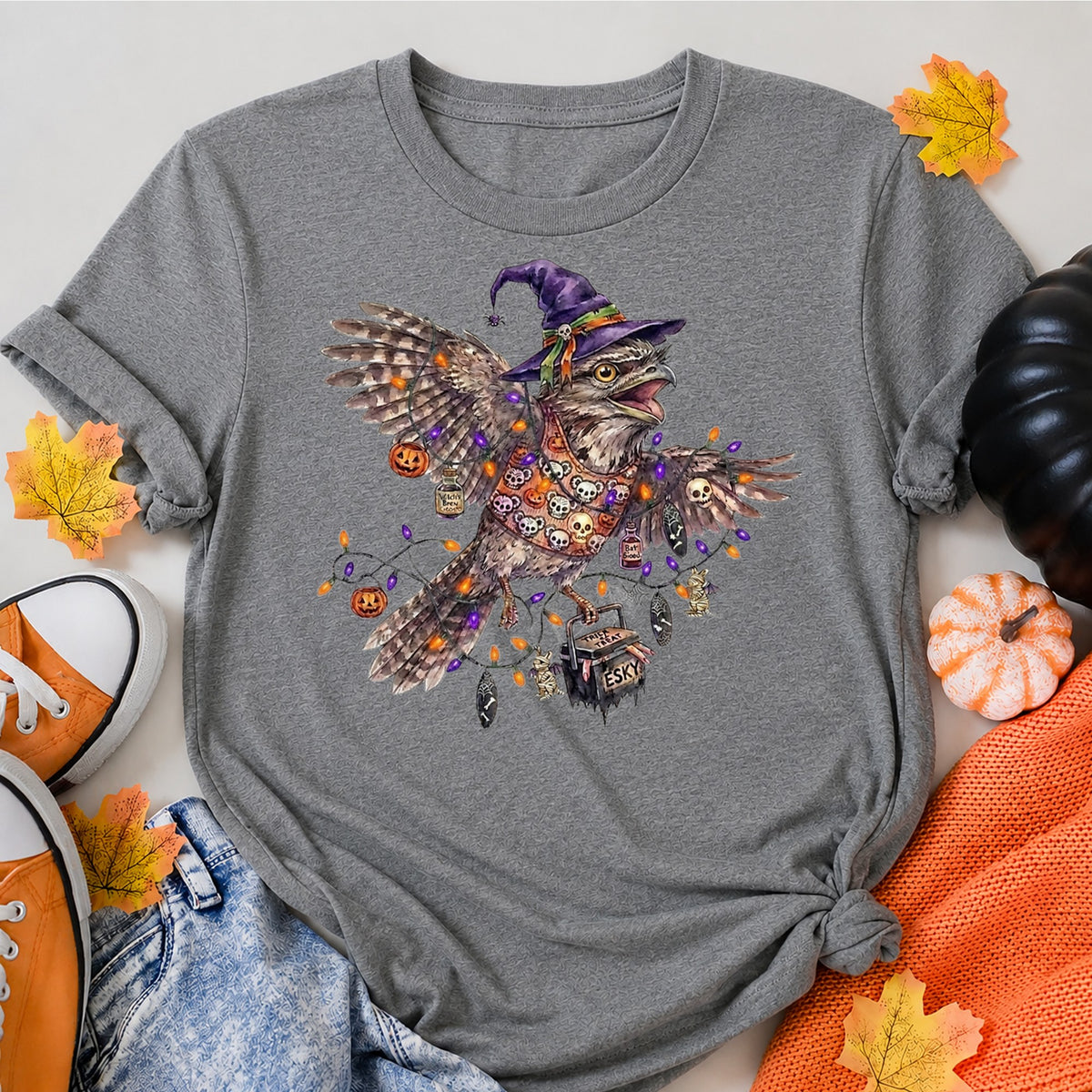Australian Halloween Native Bird - Spooky Tawny Frogmouth Halloween Shirt in Grey – alternate view