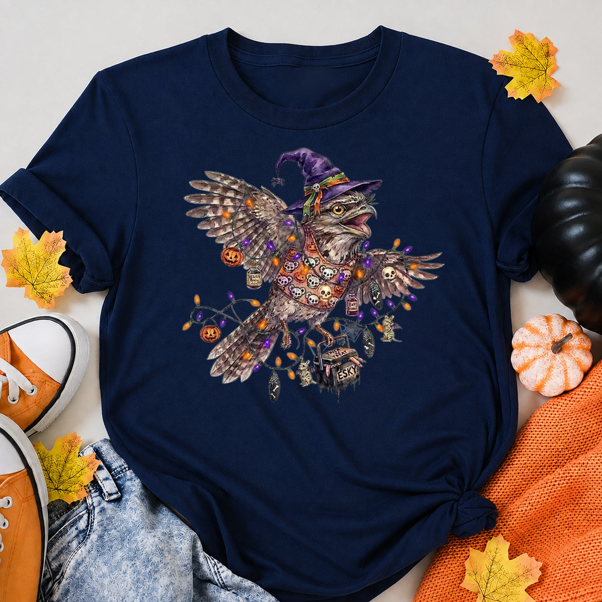 Australian Halloween Native Bird - Spooky Tawny Frogmouth Halloween Shirt in Navy – alternate view