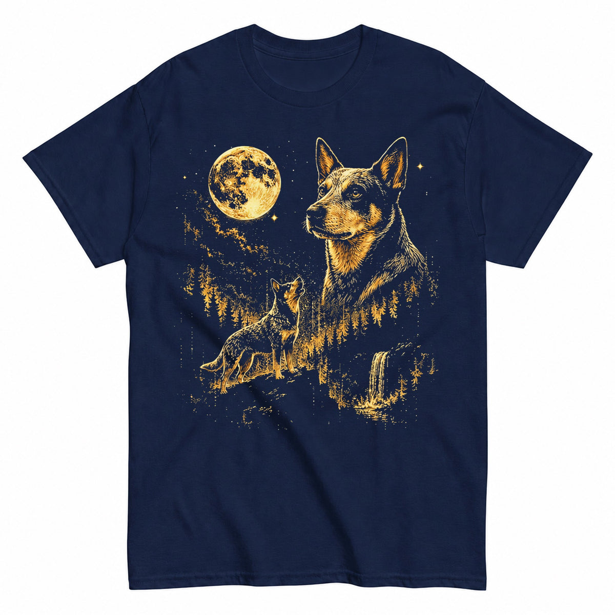 KAVENRO Australian Cattle Dog graphic T-shirt in navy with moonlit wilderness design
