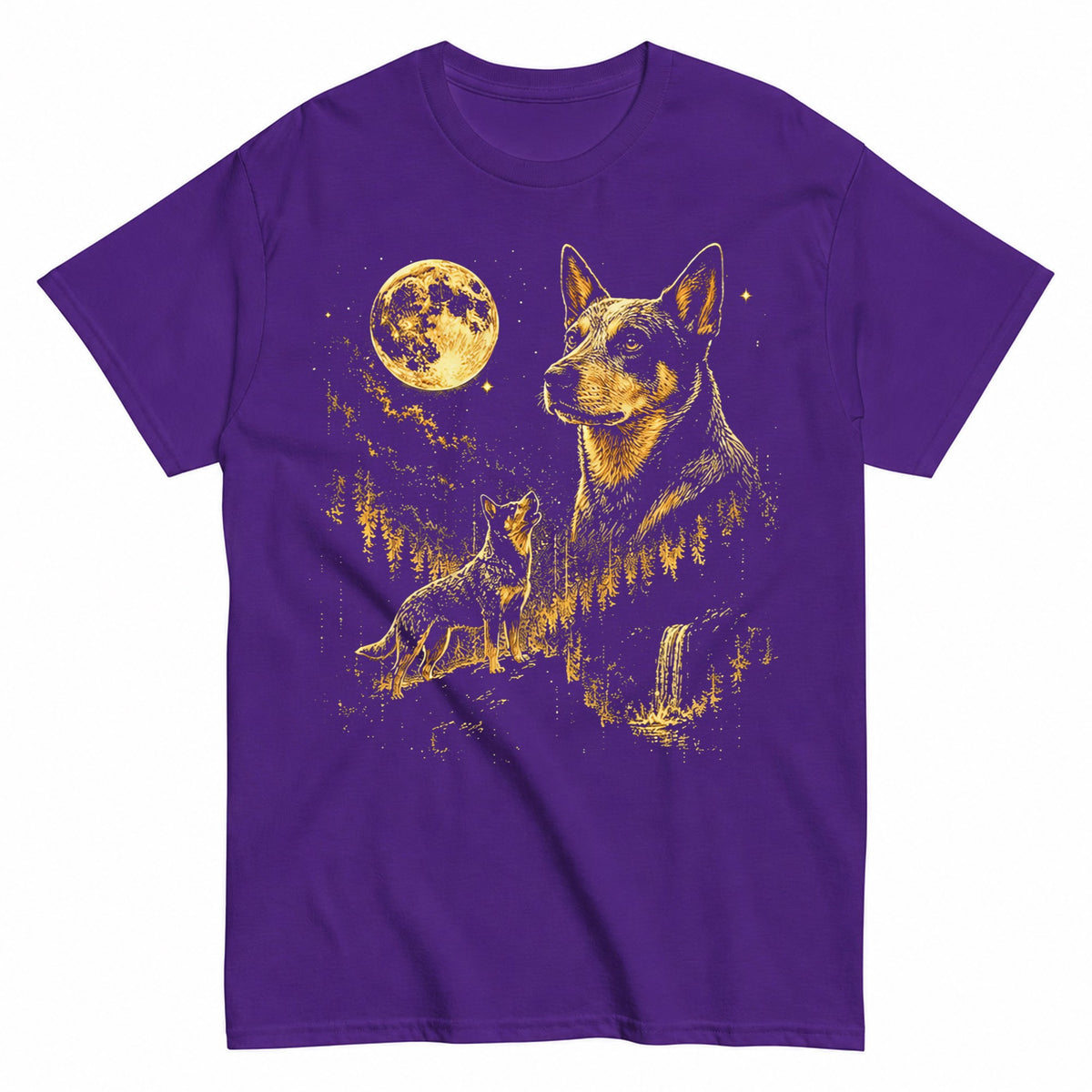 KAVENRO Australian Cattle Dog graphic T-shirt in blue with moonlit wilderness design