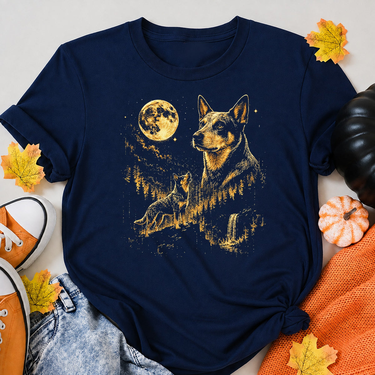 KAVENRO Australian Cattle Dog graphic T-shirt in navy with moonlit wilderness design shirt