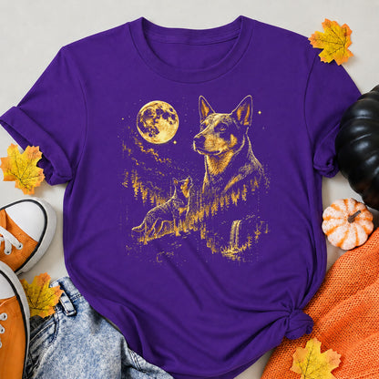 KAVENRO Australian Cattle Dog graphic T-shirt in blue with moonlit wilderness design shirt