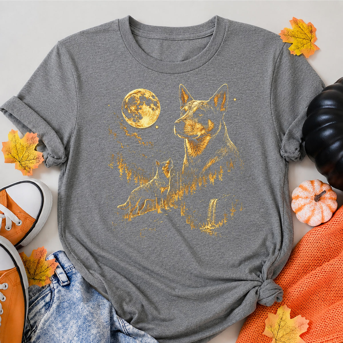 KAVENRO Australian Cattle Dog graphic T-shirt in grey with moonlit wilderness design shirt