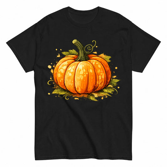 Autumn Orange Pumpkin Harvest Illustration Halloween Shirt in Black – product view