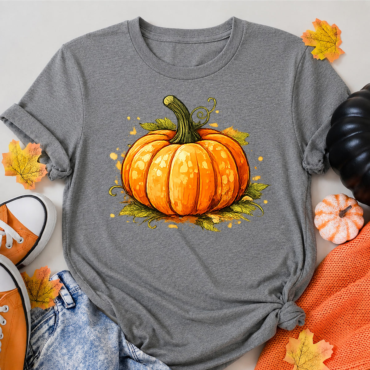 Autumn Orange Pumpkin Harvest Illustration Halloween Shirt in Grey – alternate view