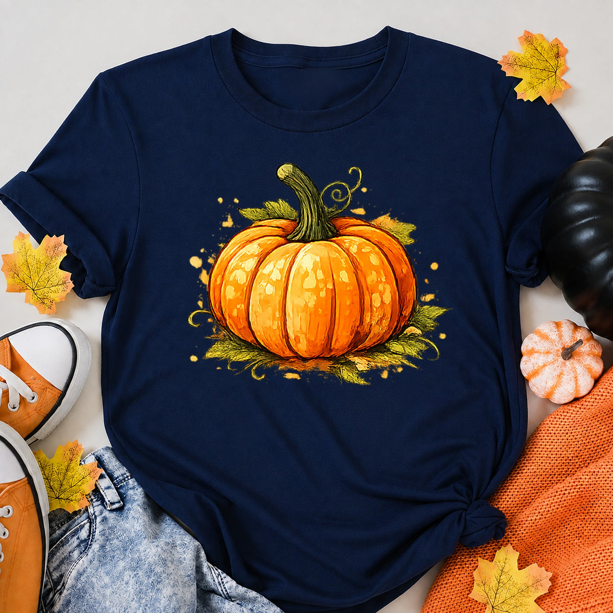 Autumn Orange Pumpkin Harvest Illustration Halloween Shirt in Navy – alternate view