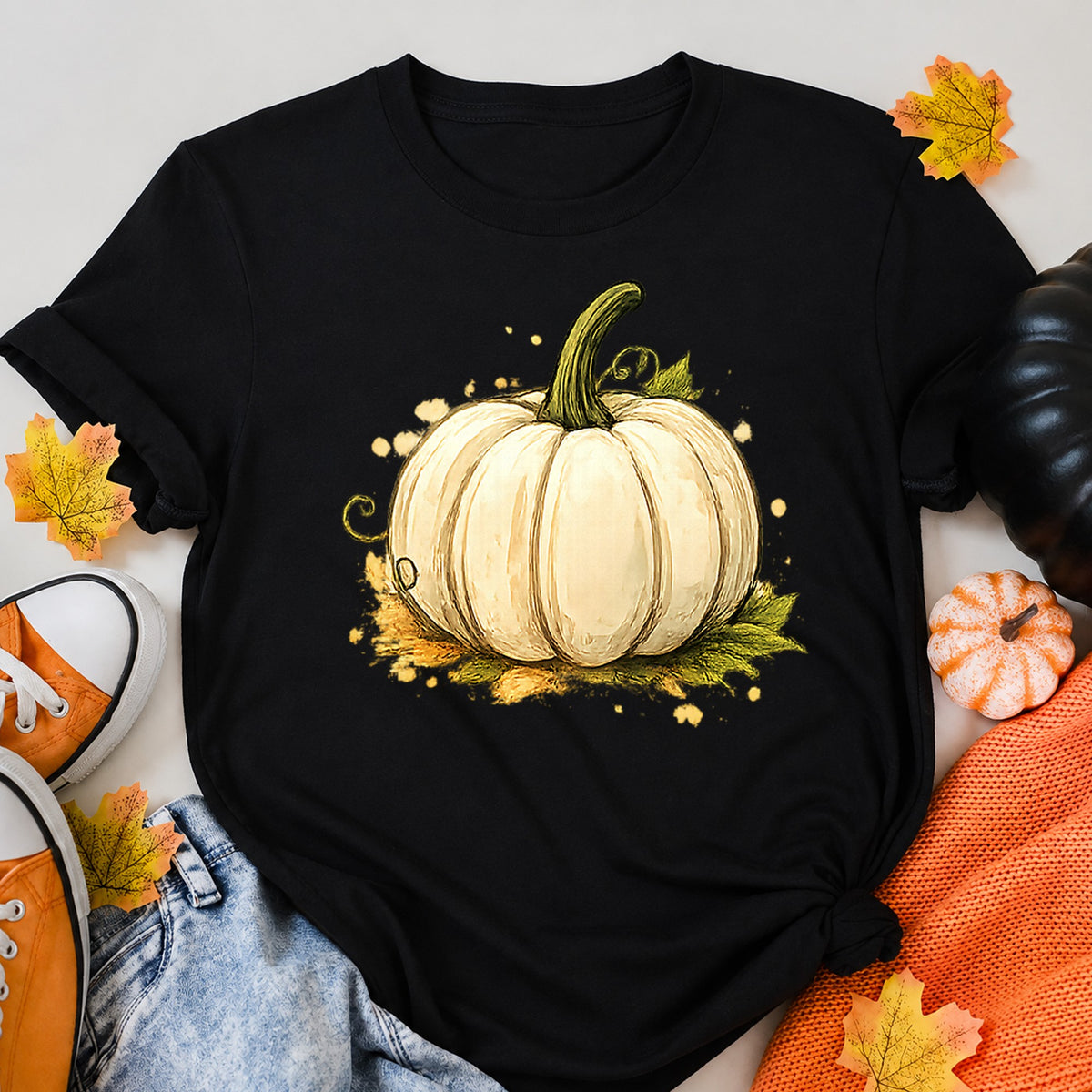 Autumn Pumpkin Harvest Illustration Halloween Shirt in Black – alternate view
