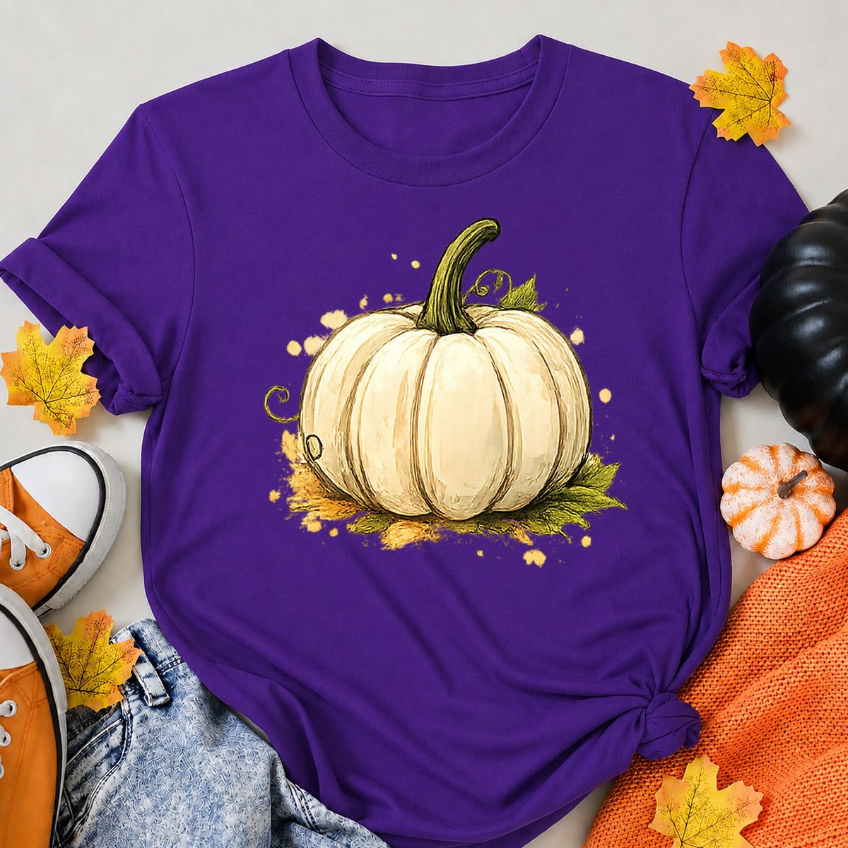 Autumn Pumpkin Harvest Illustration Halloween Shirt in Blue – alternate view