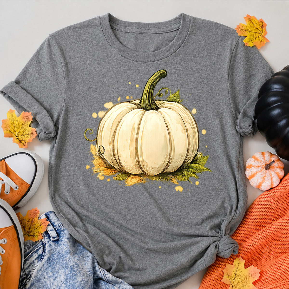 Autumn Pumpkin Harvest Illustration Halloween Shirt in Grey – alternate view