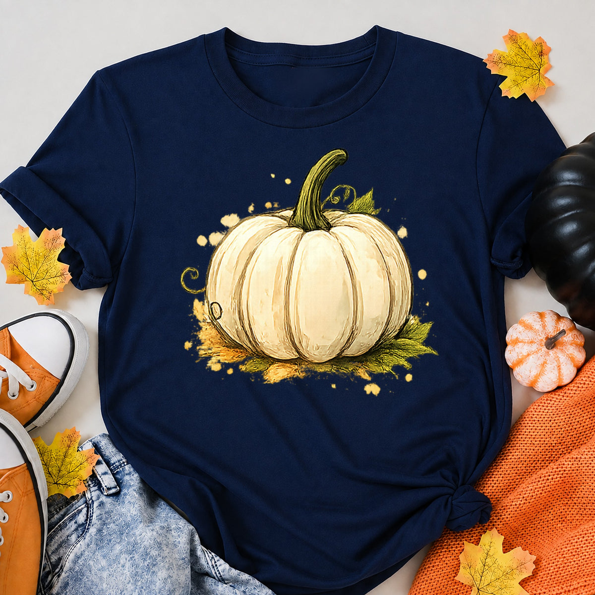 Autumn Pumpkin Harvest Illustration Halloween Shirt in Navy – alternate view