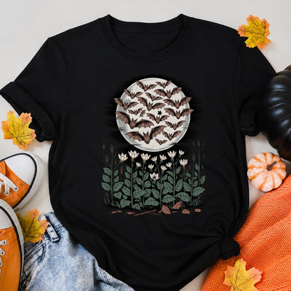 Bat Swarm Moon Woodcut Style Art Halloween Shirt in Black – alternate view