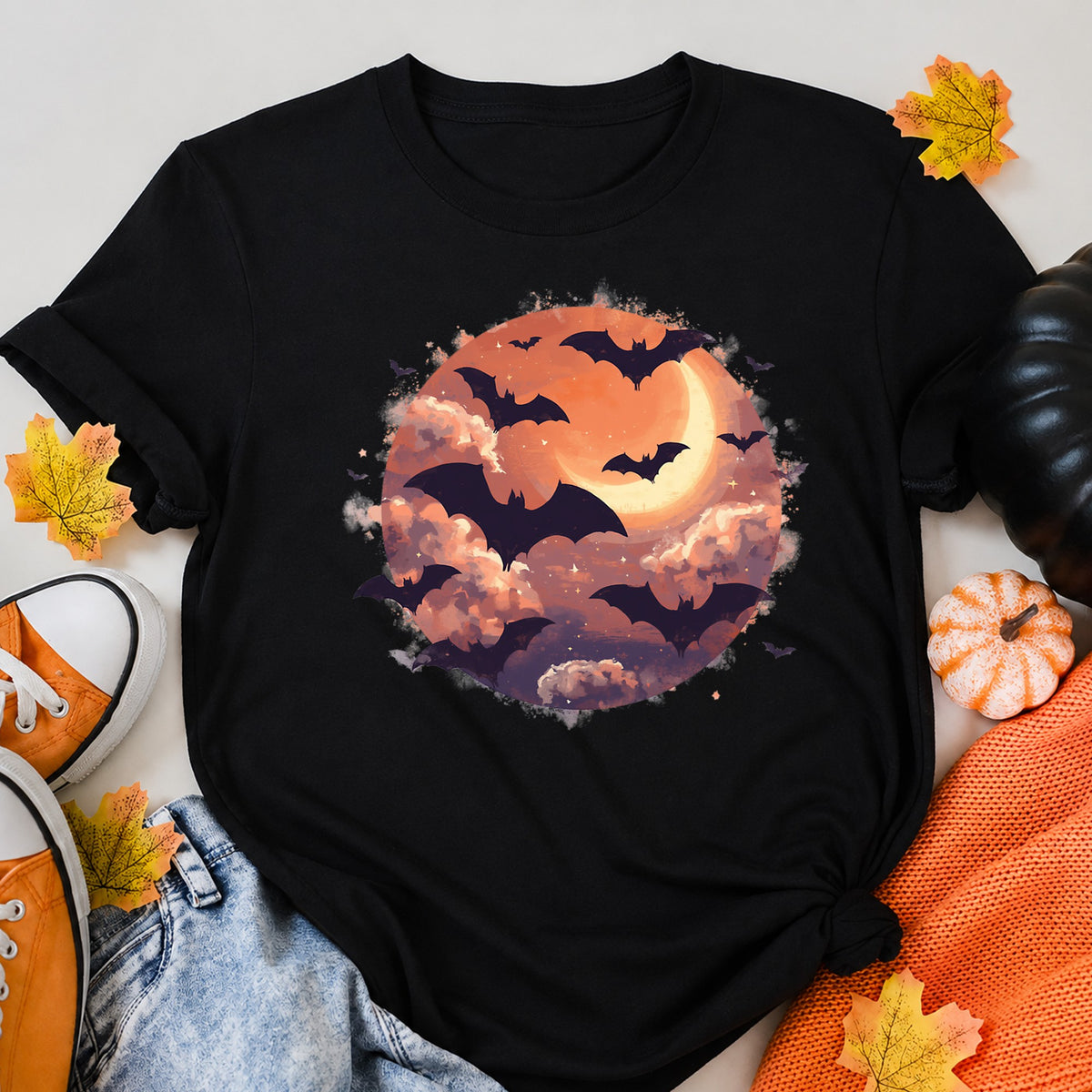Bats After Sunset Halloween Shirt in Black – alternate view