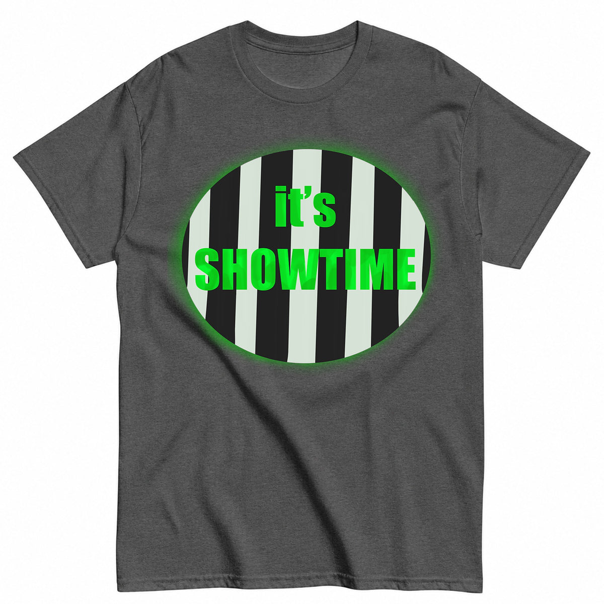 Beetlejuice It'S Showtime Stripes And Green Musical Theatre Halloween Shirt in Grey – product view