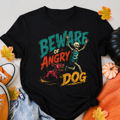 Beware Of Angry Dog Halloween Skeleton Runner Humor Halloween Shirt in Black – alternate view