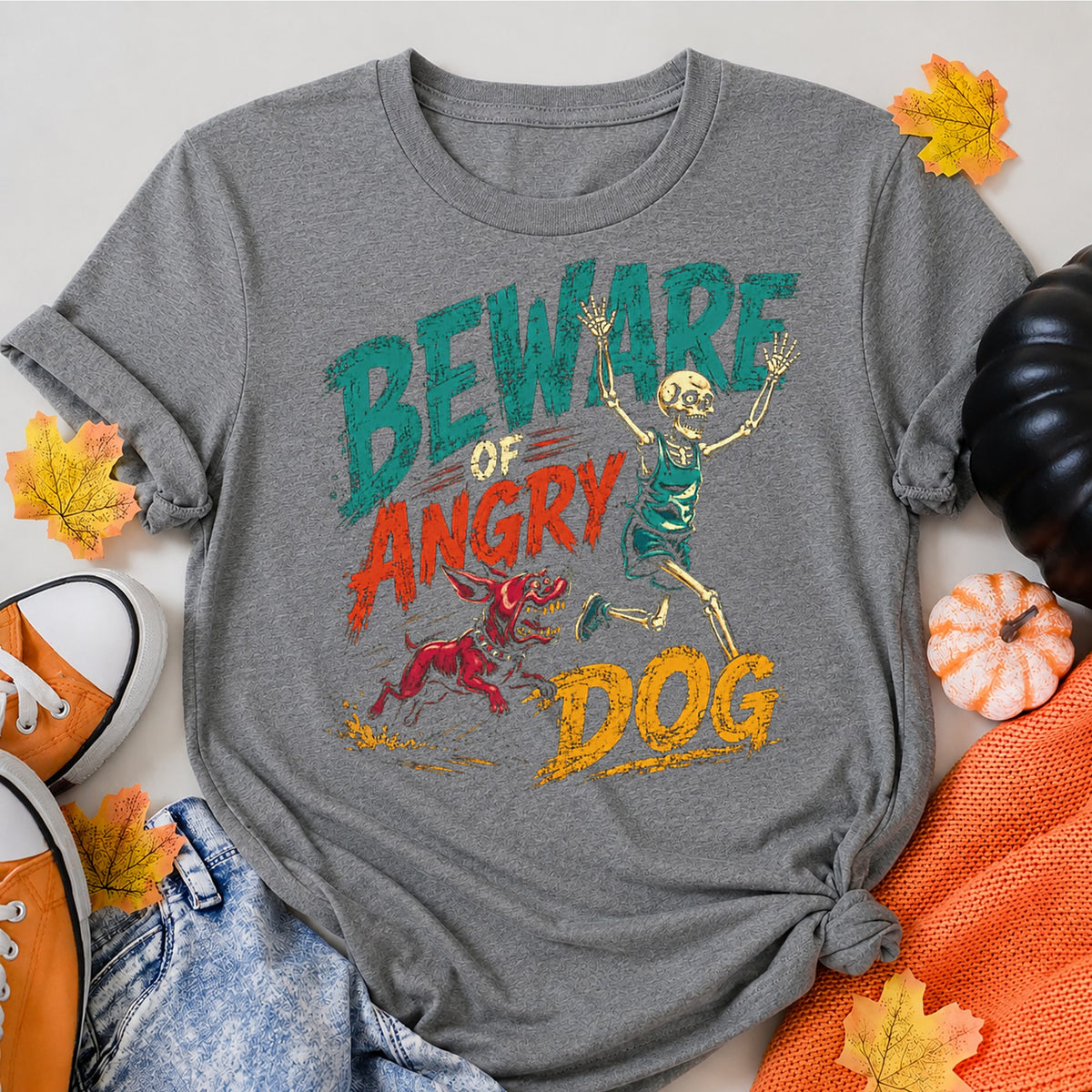 Beware Of Angry Dog Halloween Skeleton Runner Humor Halloween Shirt in Grey – alternate view
