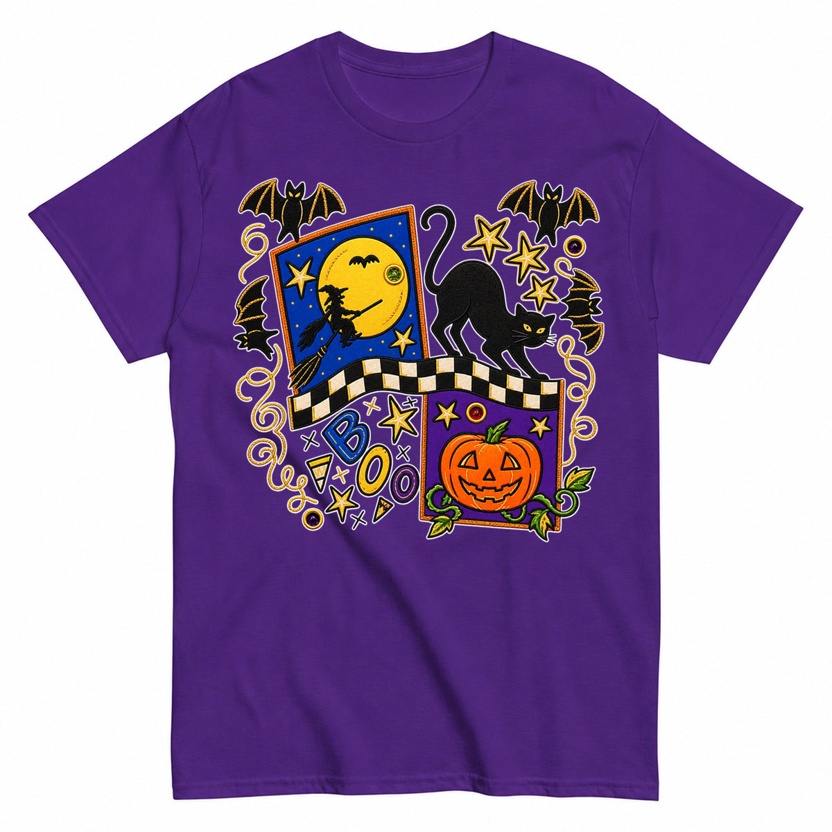 Black Cat Bat Moon Pumpkin Halloween Shirt in Blue – product view