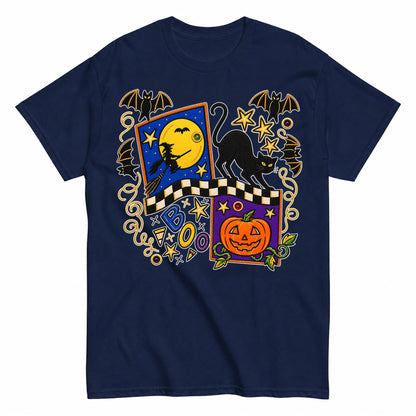 Black Cat Bat Moon Pumpkin Halloween Shirt in Navy – product view