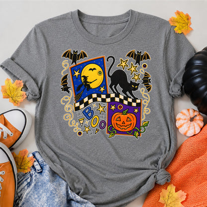 Black Cat Bat Moon Pumpkin Halloween Shirt in Grey – alternate view
