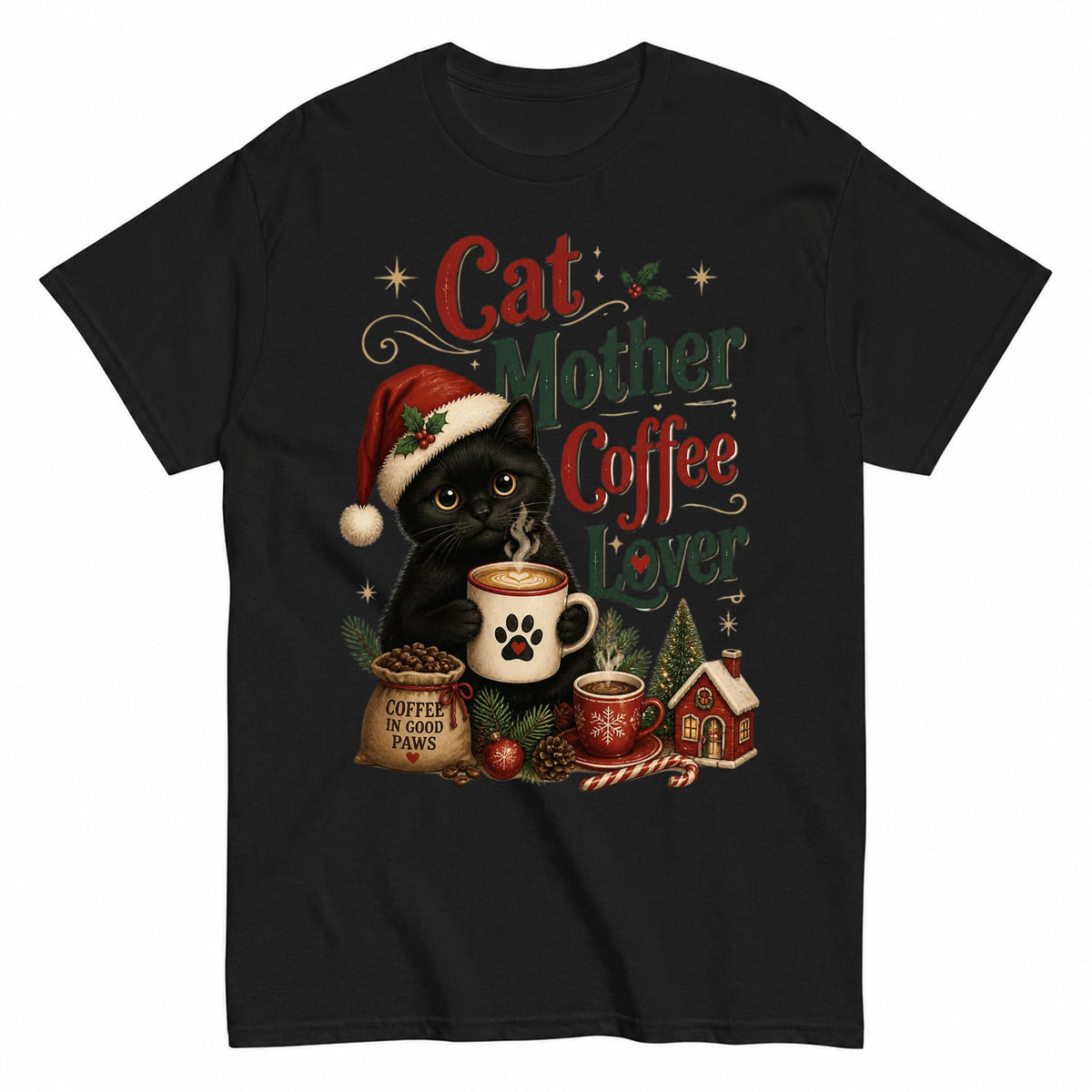 Black Cat Christmas Coffee Mom T-Shirt - product view 1