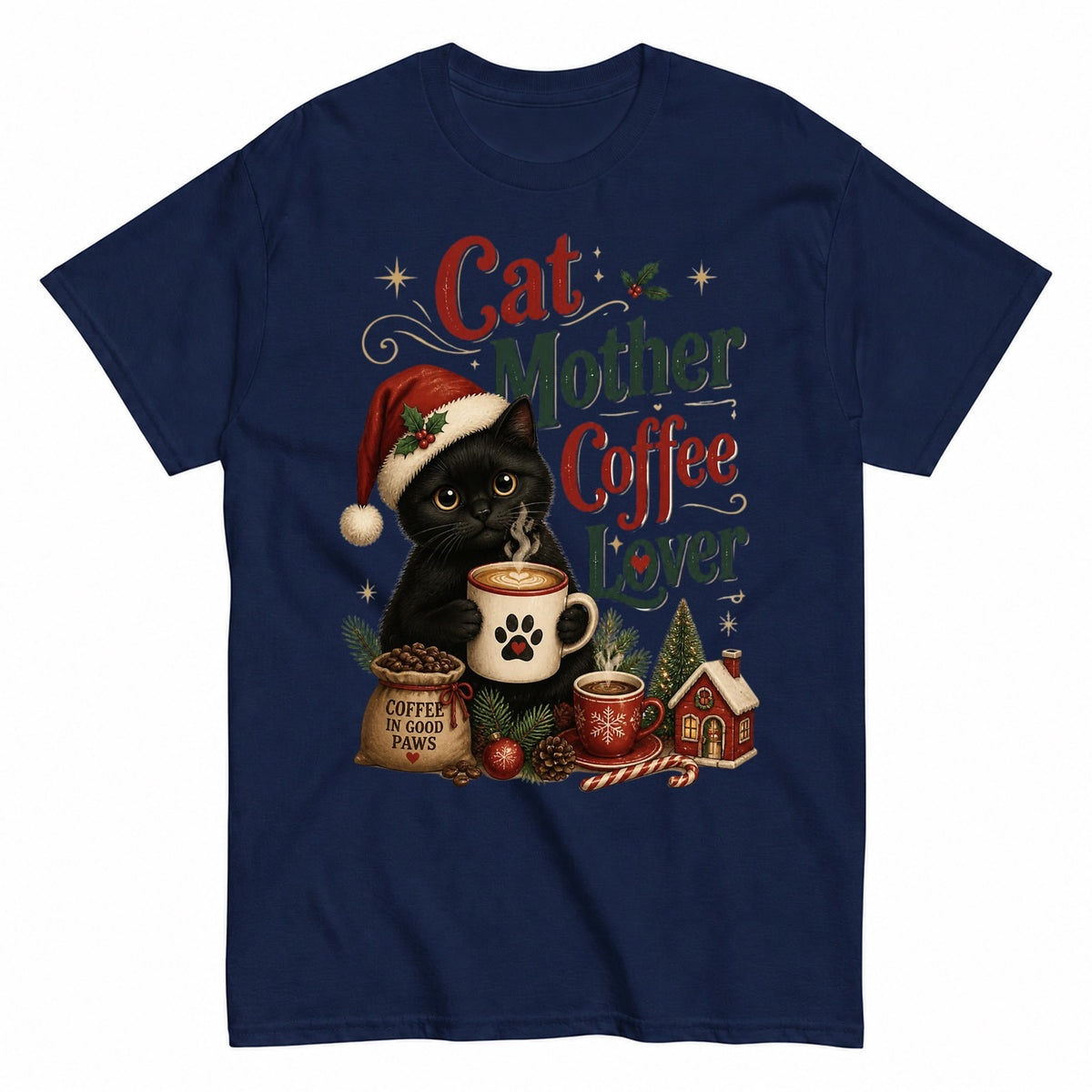 Black Cat Christmas Coffee Mom T-Shirt - product view 4