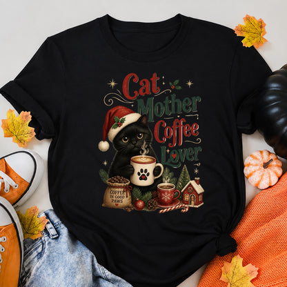 Black Cat Christmas Coffee Mom T-Shirt - product view 5