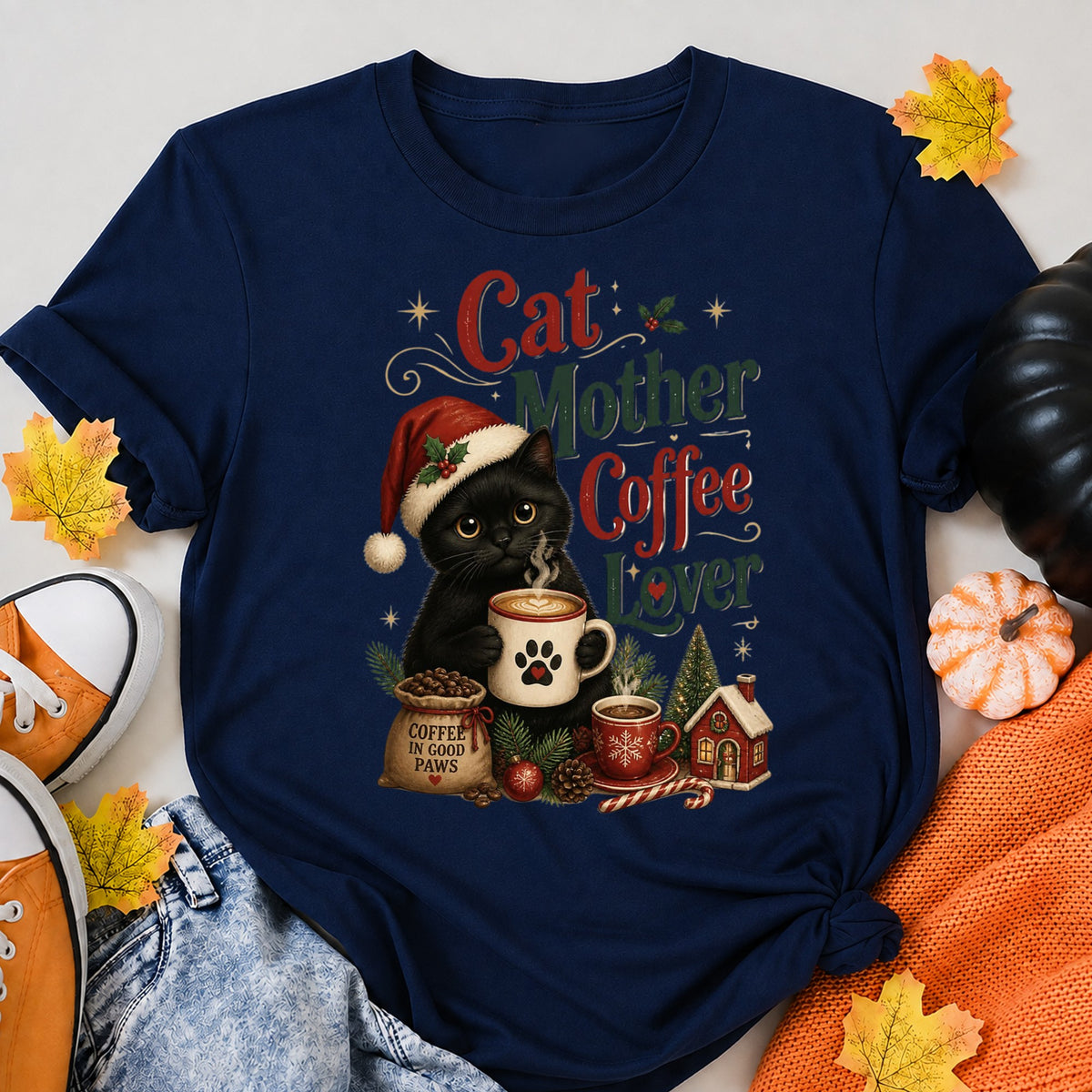Black Cat Christmas Coffee Mom T-Shirt - product view 8